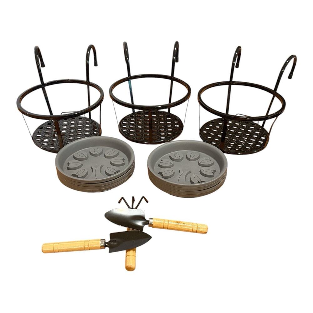 HANGING BASKETS FLOWER POT HOLDER - OVER THE RAIL METAL FENCE PLANTERS W/EXTRAS!